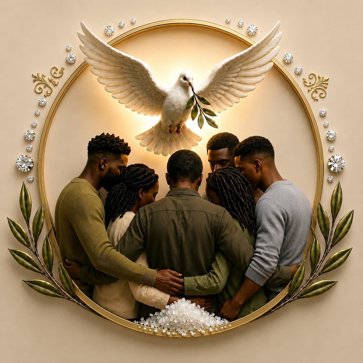 Believers gathered in prayer beneath a descending dove holding an olive branch